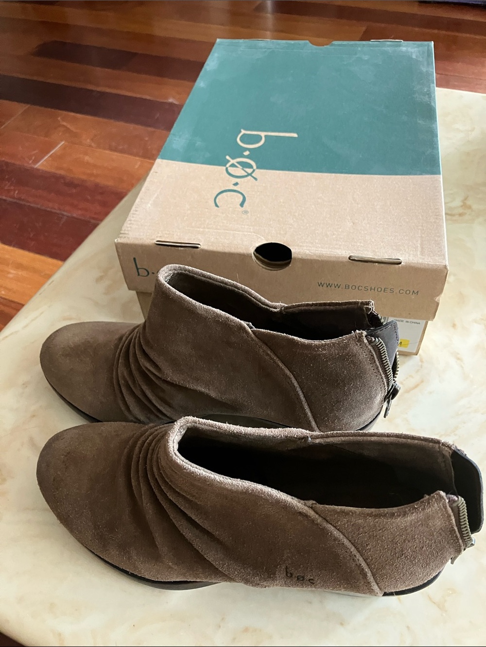 b.o.c. Taupe Suede Ruching Ankle Booties